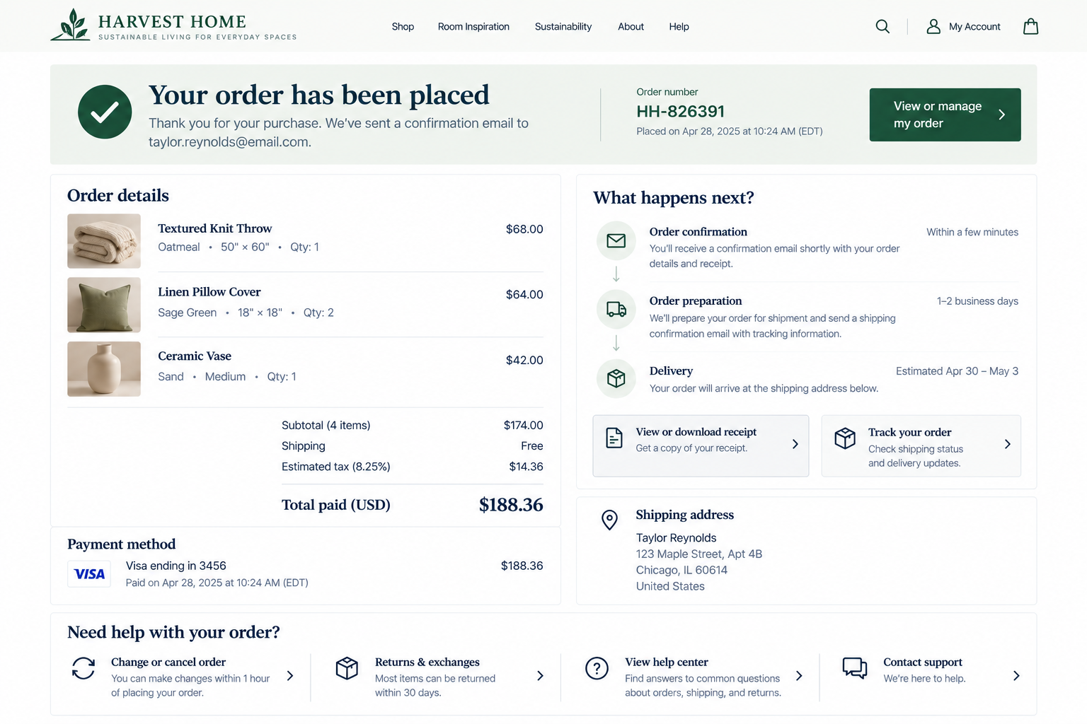Online order confirmation page from Harvest Home website showing order details for a textured knit throw, linen pillow covers, and a ceramic vase, with total paid of $188.36.