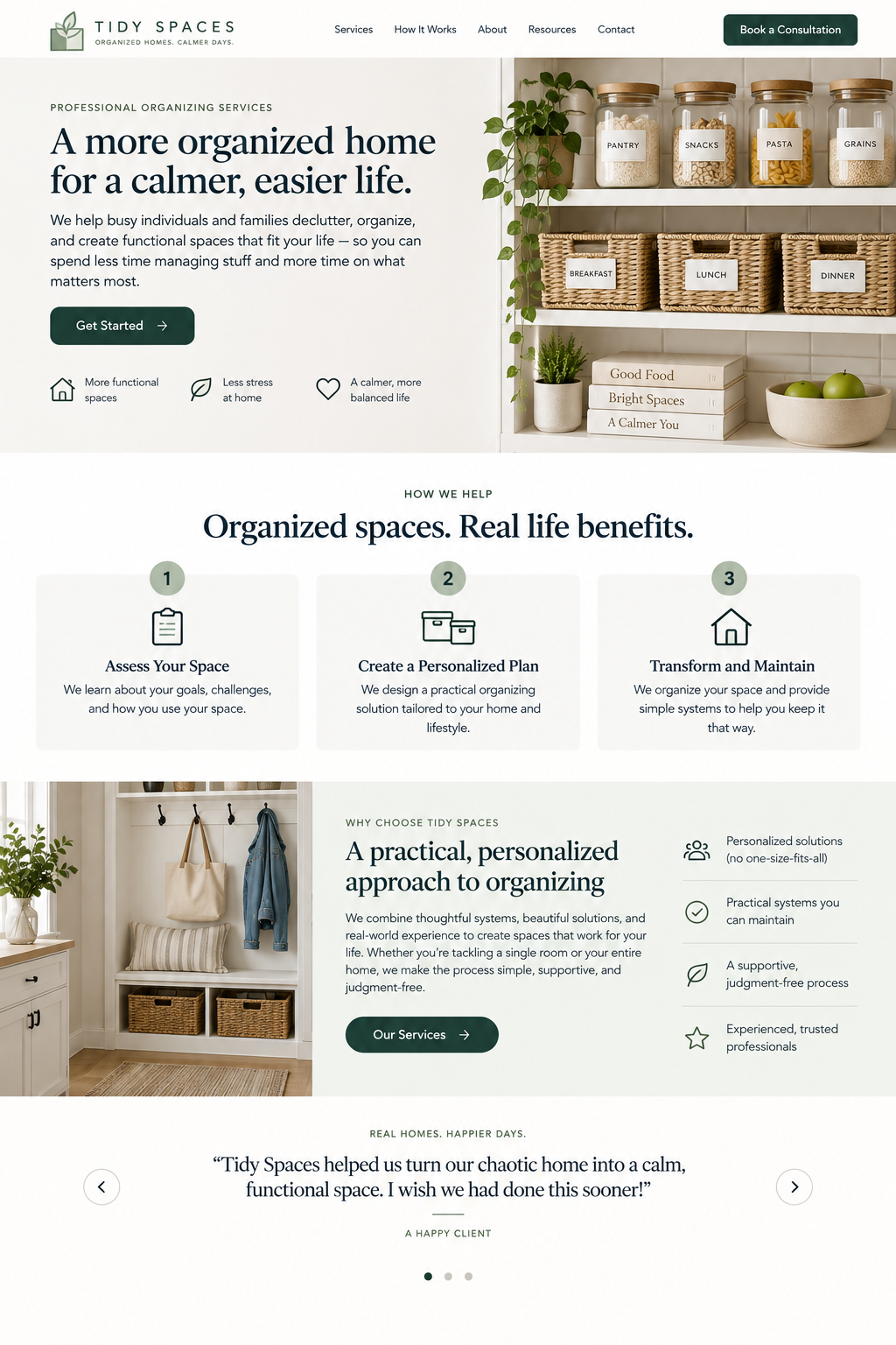 Website homepage for Tidy Spaces, professional organizing services, showing a clean, organized pantry with labeled jars and baskets, along with a bookshelf with books and decorative items.