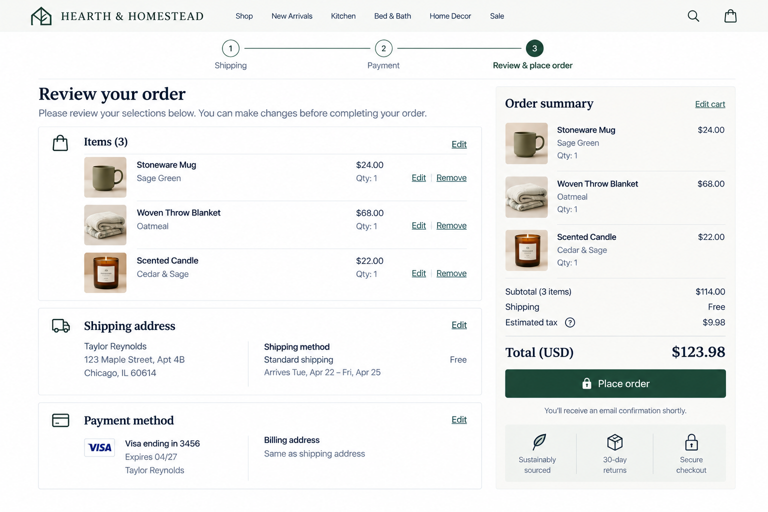 Online order review page from Hearth & Homestead website showing three home decor items: a sage green stoneware mug, an oatmeal woven throw blanket, and a cedar and sage scented candle, with order summary and delivery details.