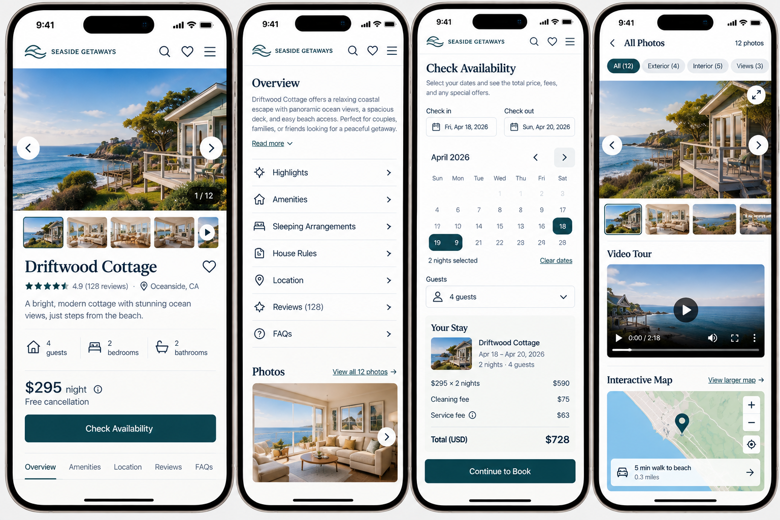 Screenshots of a mobile app interface for booking beachside accommodations, showing listings, details, availability calendar, photos, videos, and map of a coastal cottage.