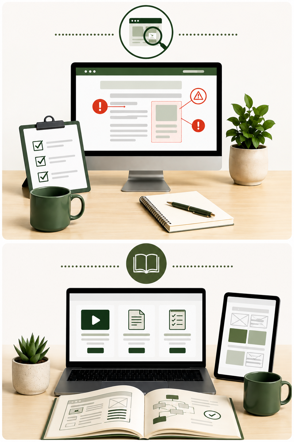 A workspace with a computer monitor showing warning alerts, a checklist on a clipboard, a coffee mug, a plant, a notebook with a pen, and a tablet. Another workspace features an open book, a laptop with digital resources, a potted plant, a coffee mug, and a tablet with visual layouts.