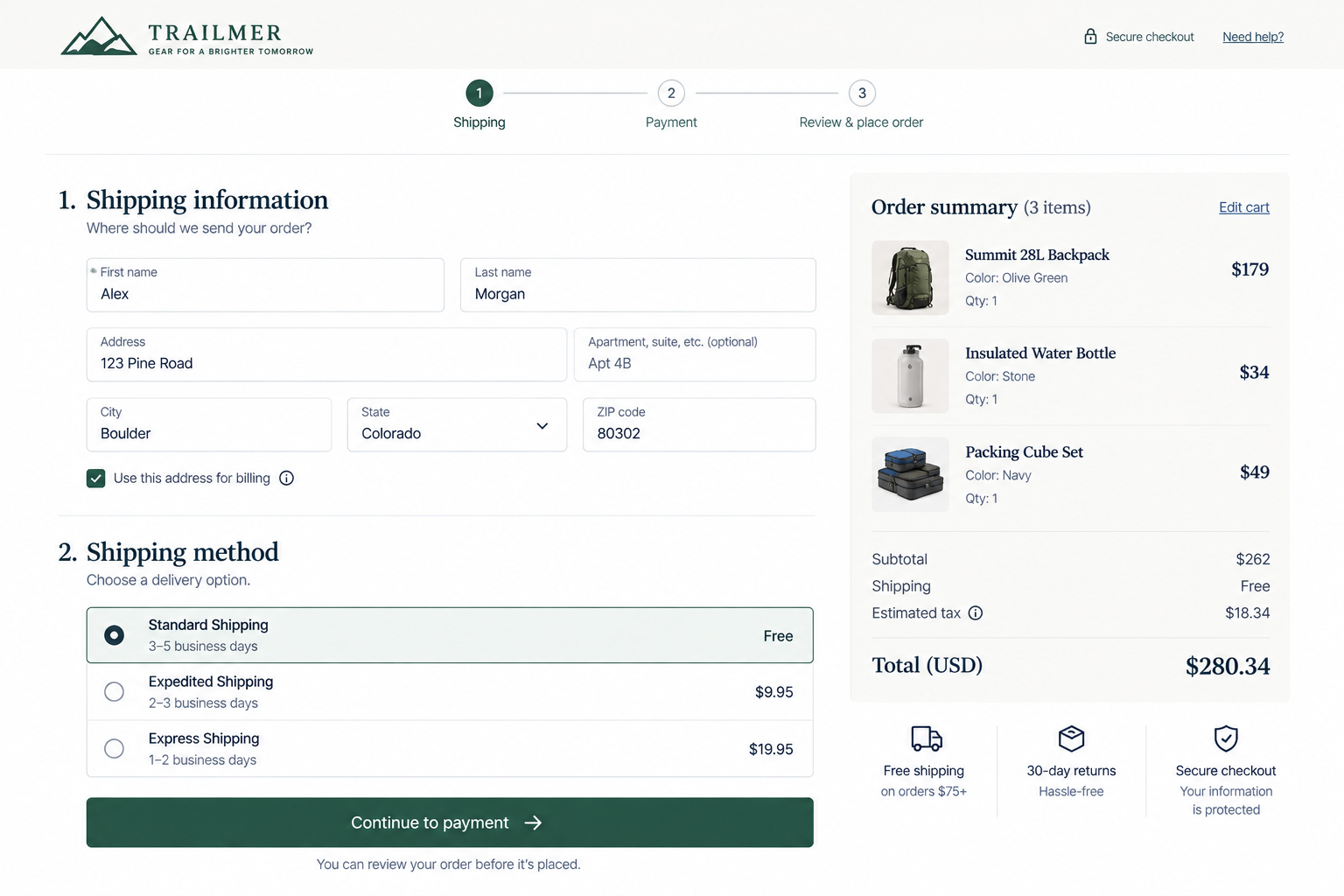 Screenshot of an online shopping checkout page for Trailmer, displaying shipping info, payment options, and order summary including a backpack, water bottle, and packing cube set.