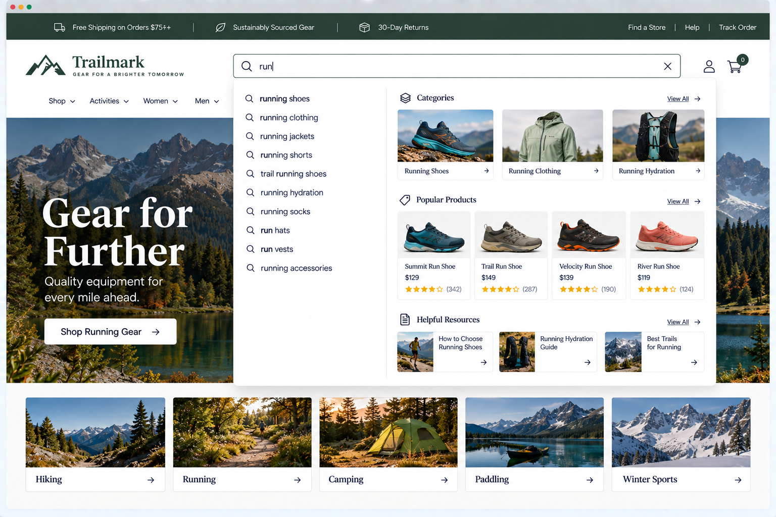 Screenshot of the Trailmark website displaying outdoor gear for running and other activities, with a scenic mountain and lake background, a search bar, product categories, popular products, helpful resources, and activity options like hiking, running, camping, paddling, and winter sports.