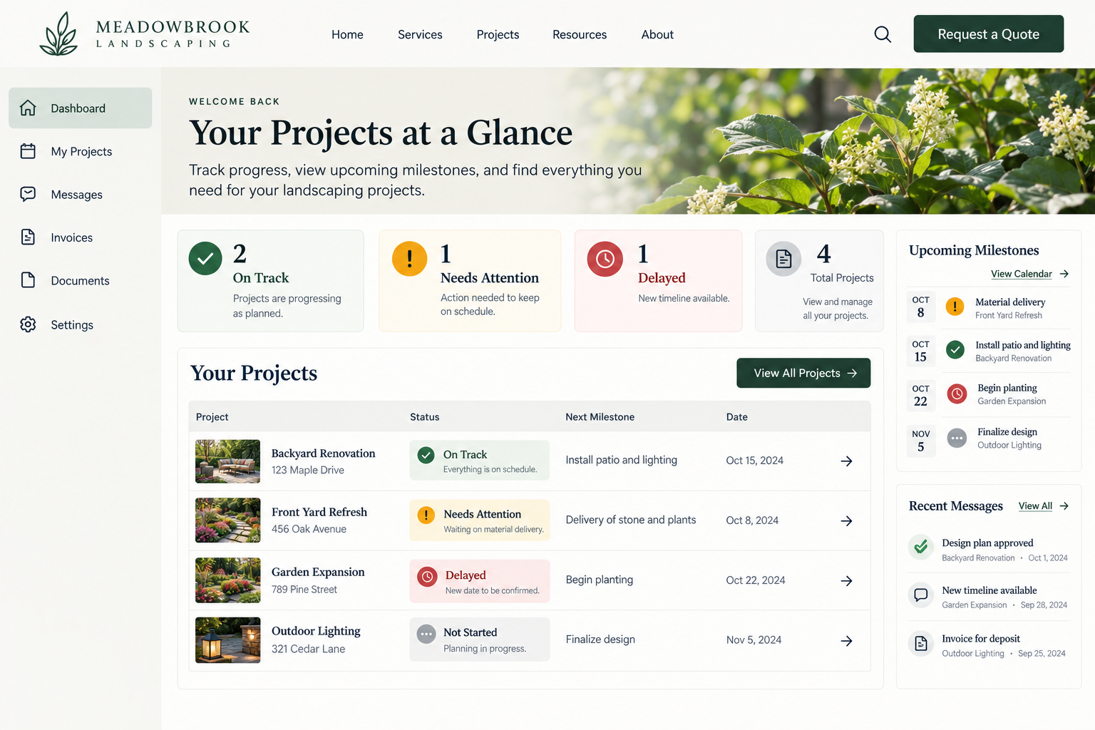 Screenshot of Meadowbrook Landscaping's project management dashboard with project statuses, upcoming milestones, and navigation menu.