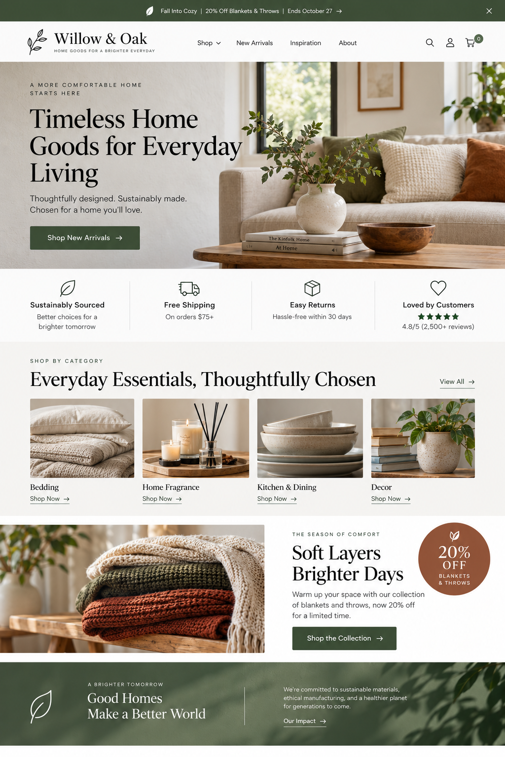 Homepage of Willow & Oak online store featuring home decor, bedding, candles, and kitchenware with a cozy living room image and promotional banners for discounts and sustainable sourcing.