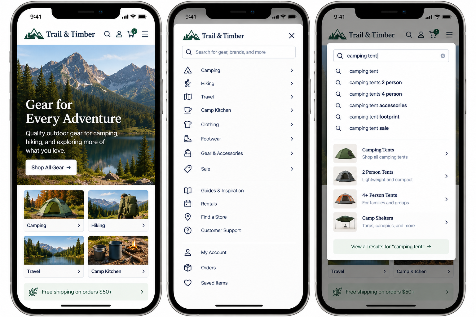 Screenshots of a mobile outdoor gear shopping app showing the homepage with mountain scenery, a menu with categories like Camping and Hiking, and a search result for camping tents.