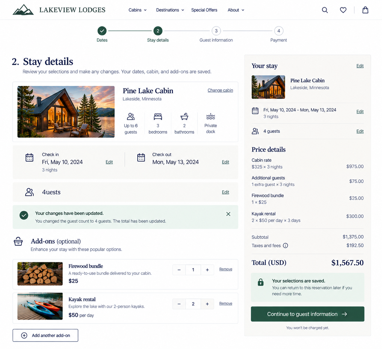 Screenshot of a booking reservation page for Pine Lake Cabin at Lakeview Lodges, showing stay details, dates, guest number, price breakdown, and add-ons like firewood bundle and kayak rental.