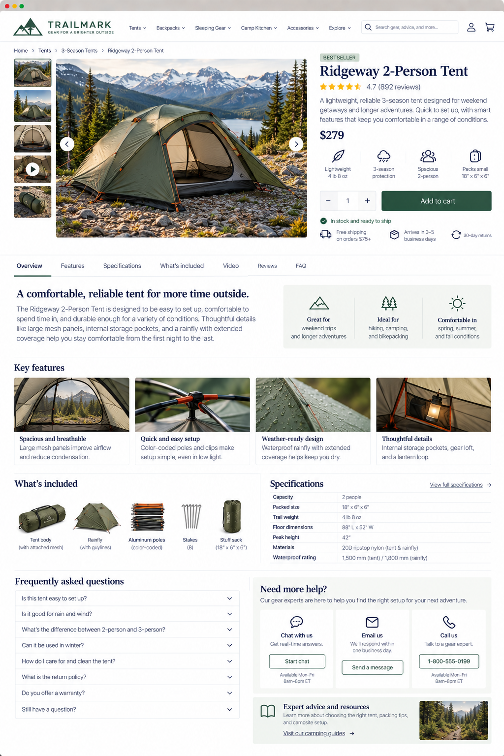 Photo of a green Ridgeway 2-Person Tent set up on rocky terrain with a mountain lake and snow-capped mountains in the background.