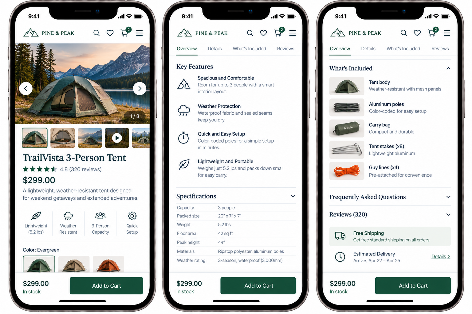 Screenshots of a product listing for a TrailVista 3-Person Tent on a mobile shopping app. Features include lightweight, weather resistance, quick setup, and capacity for three people. The tent is priced at $299.00 and shown in green with related accessories like stakes, guy lines, and a carry bag.