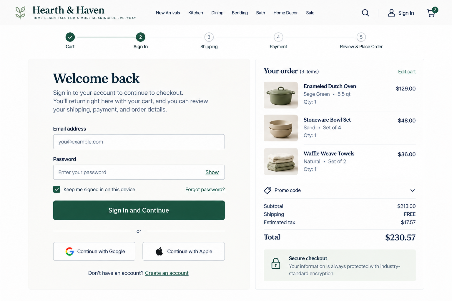 Screenshot of Hearth & Haven online shopping cart page showing three items: an emerald green enameled Dutch oven, a set of four beige stoneware bowls, and a set of two white waffle weave towels, with pricing details and checkout options.
