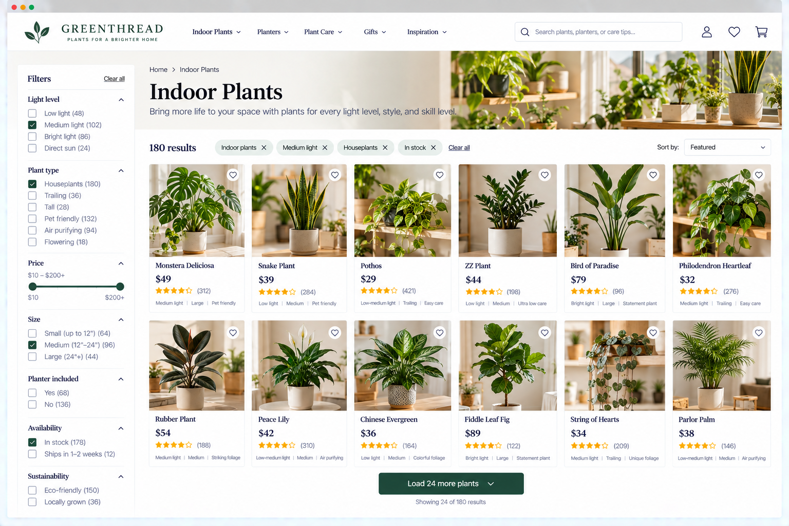 Screenshot of an online plant store with various houseplants on a webpage labeled 'Indoor Plants'. The page features plants like Monstera Deliciosa, Snake Plant, pothos, ZZ Plant, Bird of Paradise, Philodendron Heartleaf, Rubber Plant, Peace Lily, Chinese Evergreen, Fiddle Leaf Fig, String of Hearts, and Parlor Palm, each with prices, ratings, and descriptions.