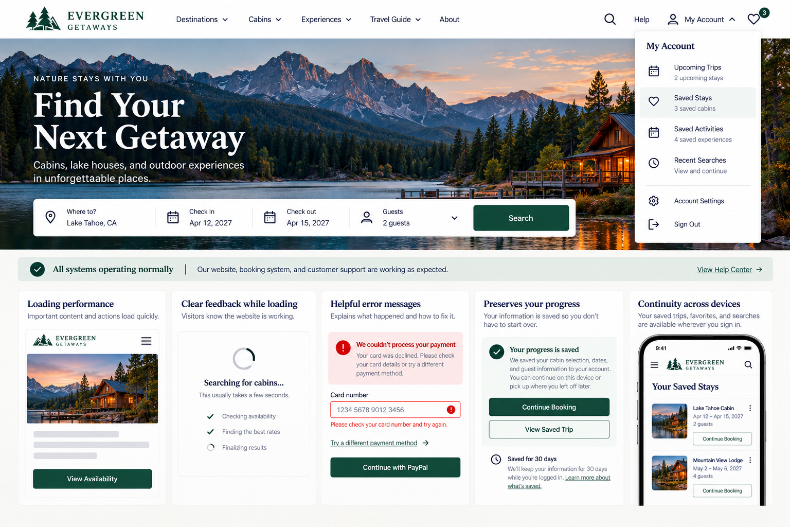 Screenshot of the Evergreen Getaways website homepage showing a scenic mountain and lake landscape with a cabin, mountains, and sunset sky. Overlay text promotes finding a next getaway with options for searches and bookings.