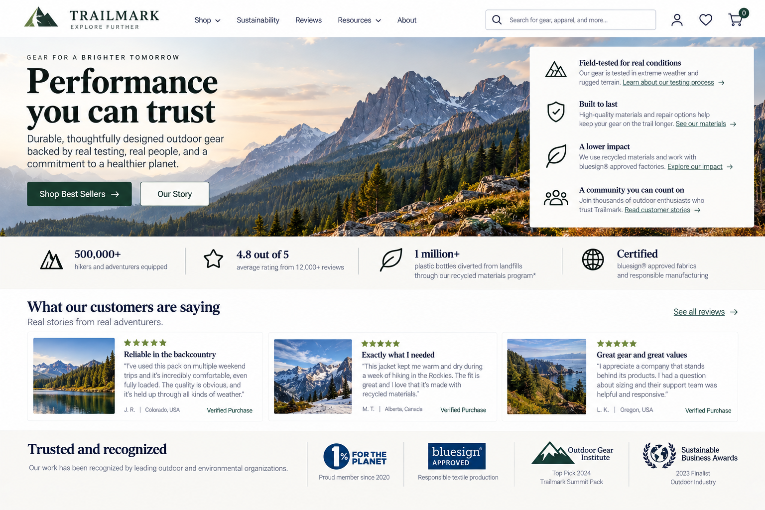 Screenshot of Trailmark outdoor gear website homepage featuring mountain landscape with trees and rocks, promotional text about durable outdoor gear, customer reviews, and environmental certifications.