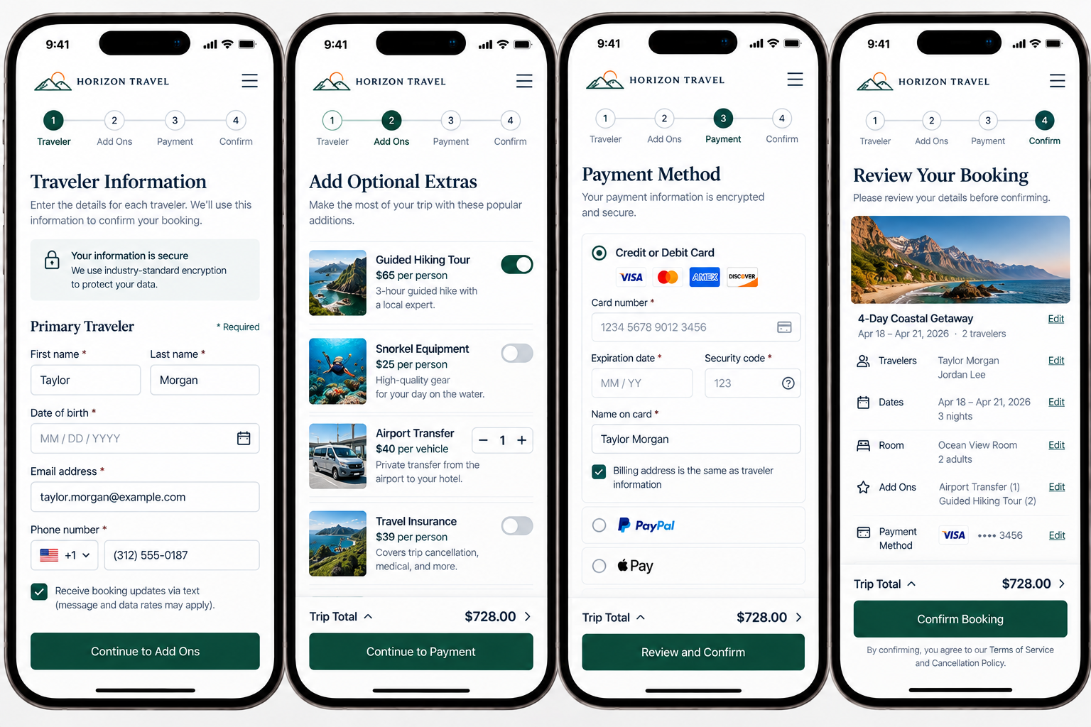 Screenshots of a travel booking app interface showing steps for booking a trip, including entering traveler information, adding optional extras, choosing payment method, and reviewing booking details. The app displays trip details, estimated total cost, and options to edit information.