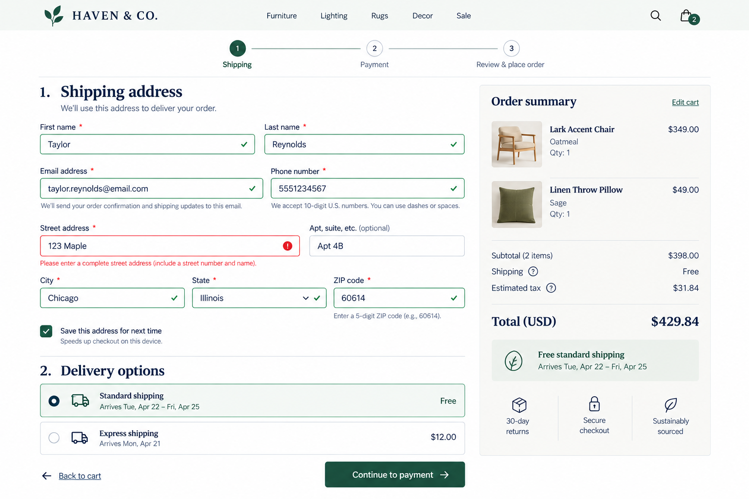 Online shopping checkout page for Haven & Co., showing shipping address form with name, email, phone, and address, order summary with chair and pillow, delivery options, and payment button.