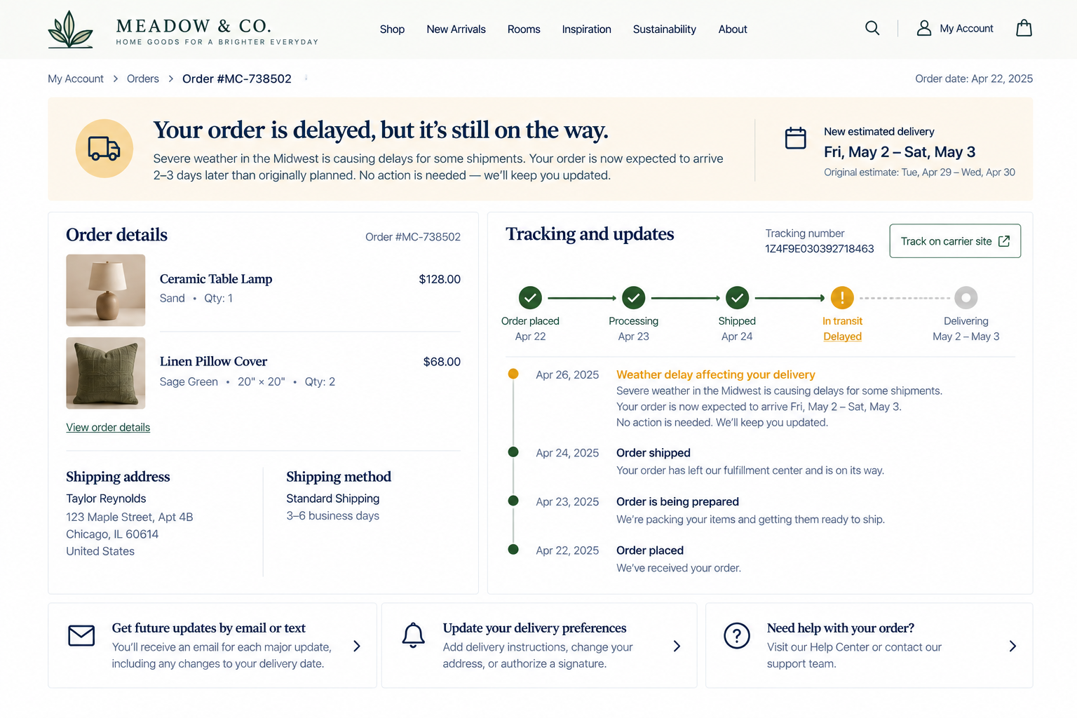 Screenshot of an online order status page for Meadow & Co. displaying order details for a ceramic table lamp and two linen pillow covers, with tracking updates indicating a weather delay affecting delivery scheduled for May 2-3, 2025.