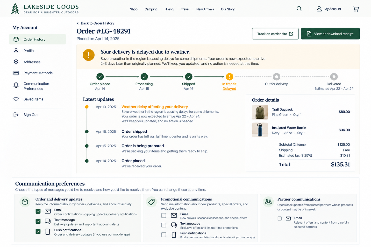 Screenshot of an online order tracking page from Lakeside Goods, showing a delayed delivery due to weather, with order details including a trail daypack and an insulated water bottle, and a timeline of order processing and shipping status.
