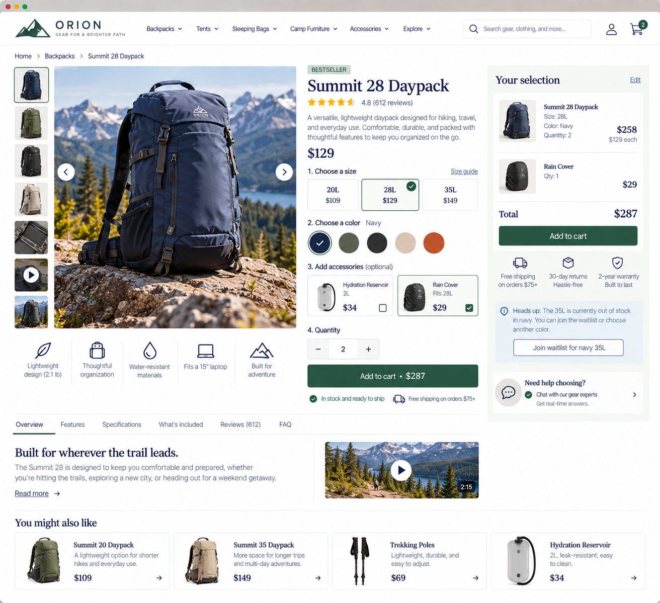 Product page for the Summit 28 Daypack from Orion gear website, showing a blue hiking backpack, options for size and color, with accessories like a hydration reservoir and rain cover, and a scenic mountain background.
