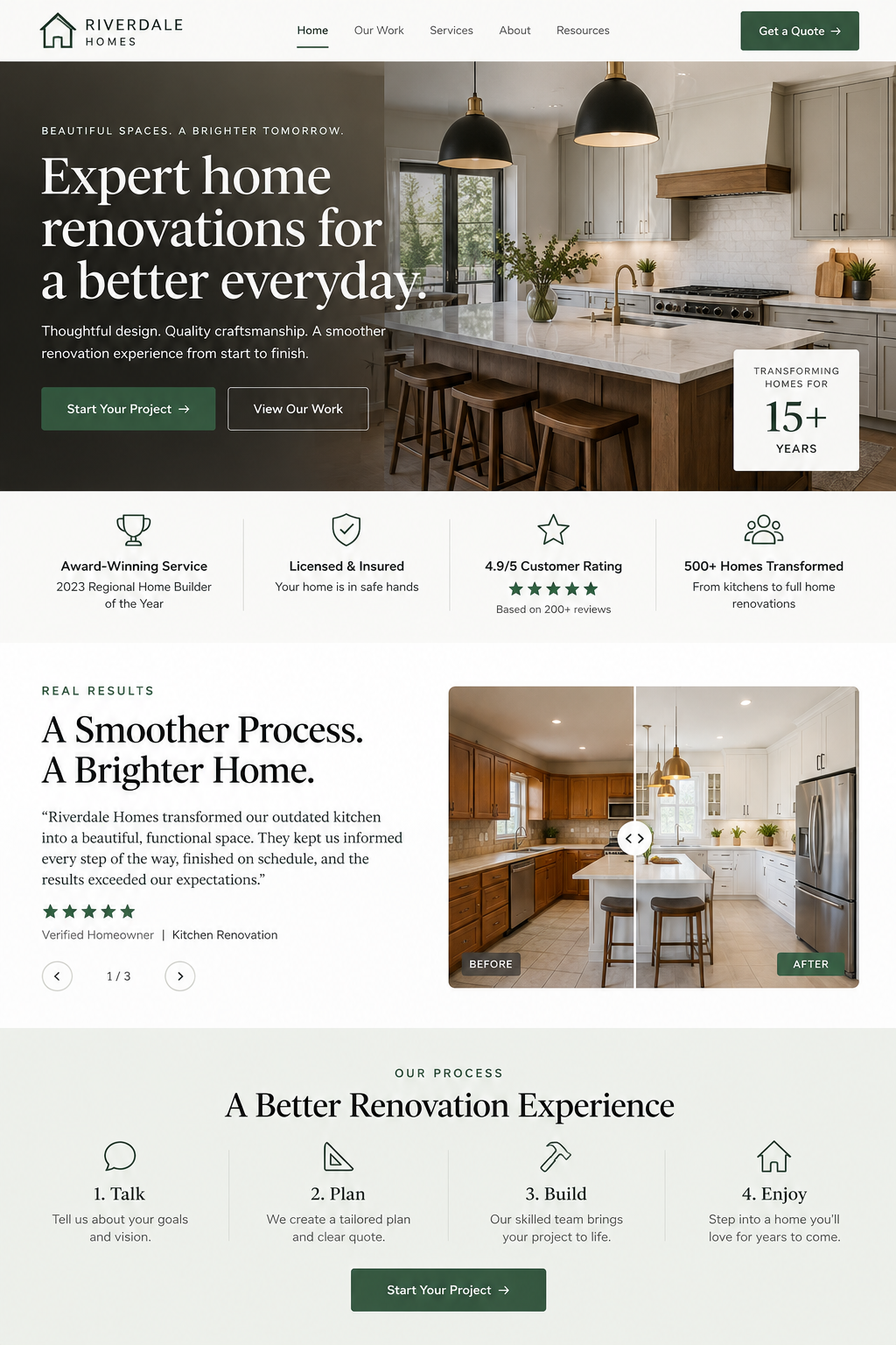 Screenshot of Riverdale Homes website homepage, featuring a modern kitchen with white cabinets, marble countertops, and black pendant lighting. Text highlights expert home renovations, customer satisfaction, and home transformation services.