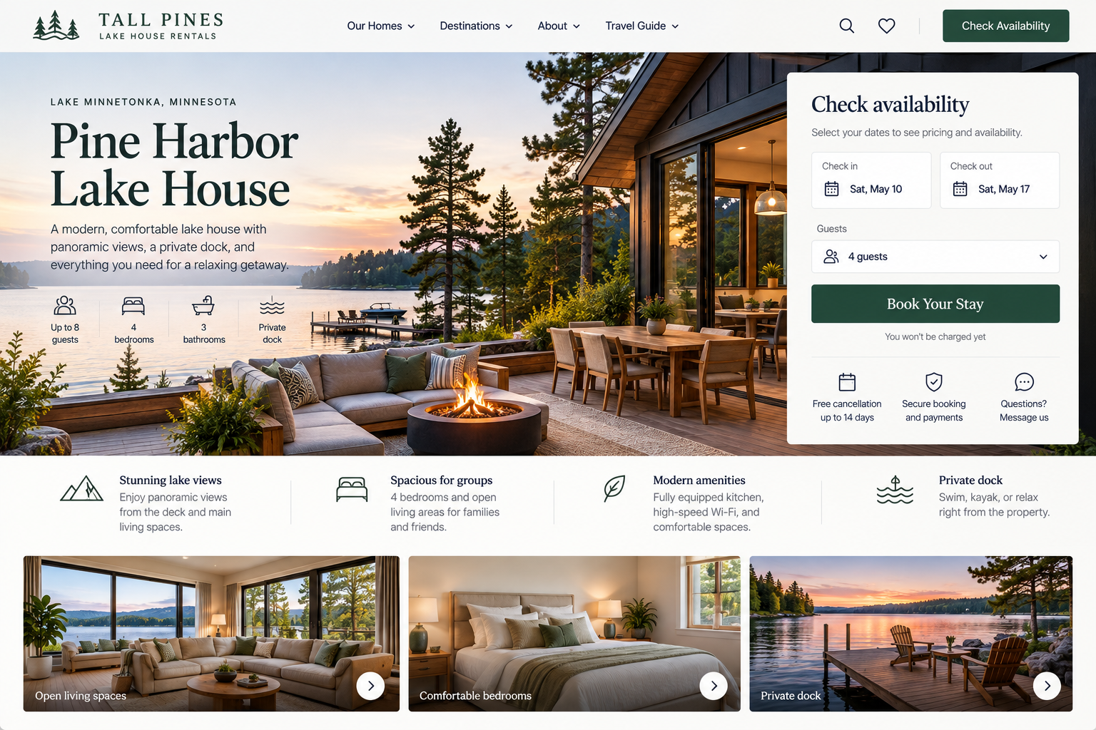 A lake house at sunset with a deck, outdoor furniture, and panoramic lake and forest views, suggesting a relaxing getaway.