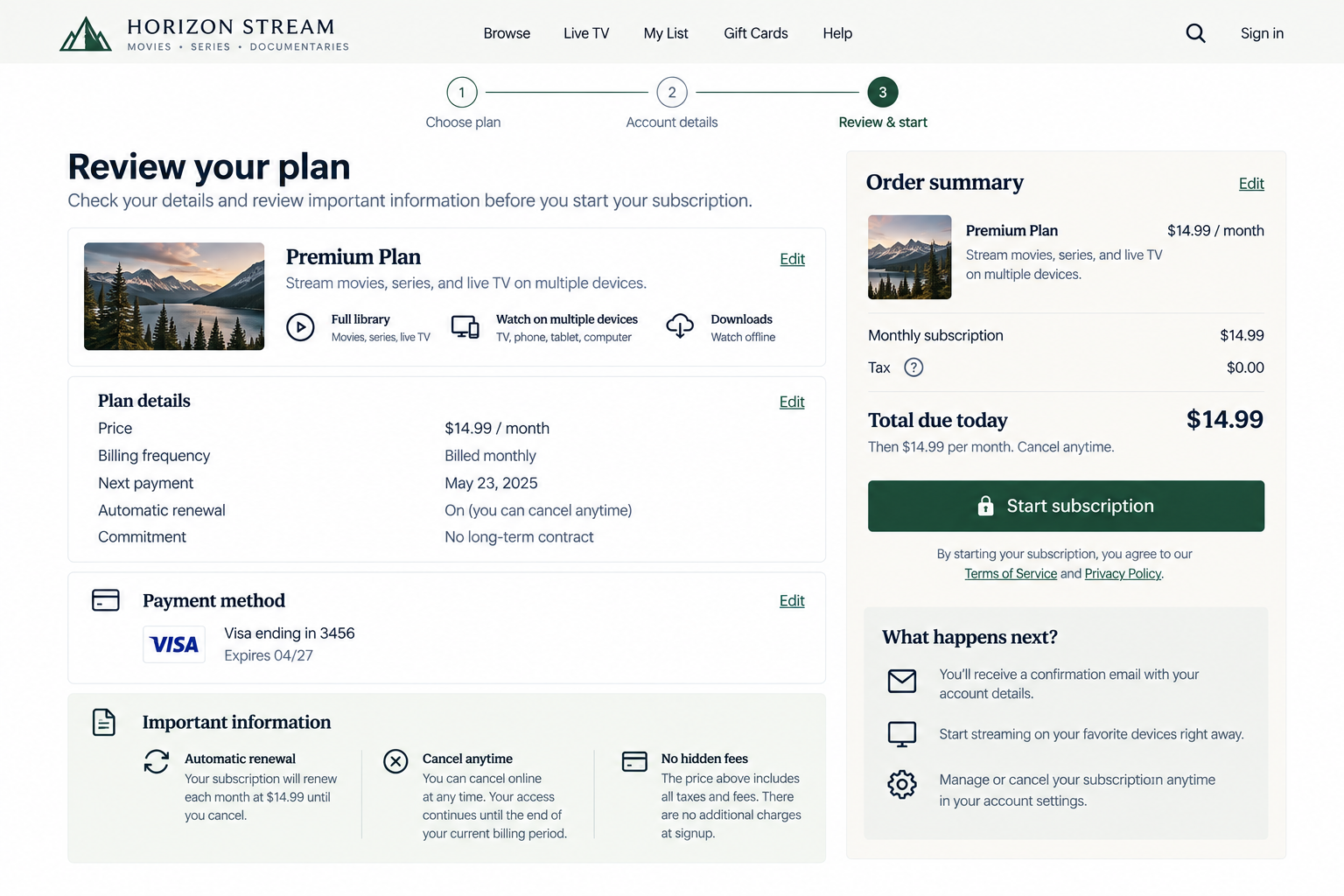 Screenshot of Horizon Stream subscription review page showing a Premium Plan for streaming movies, series, and live TV, with plan details, payment method, and order summary.