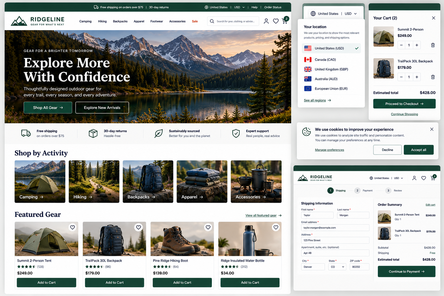 A screenshot of an outdoor gear shopping website called Ridgeline. It features a scenic mountain lake with snow-capped peaks, green trees, and a sunset sky. The page promotes exploring more outdoor gear, with categories like camping, hiking, backpacks, apparel, footwear, accessories, and a sale. The shopping cart contains a tent and a backpack, totaling $428. The checkout process, shipping information form, and a cookie consent popup are also visible.