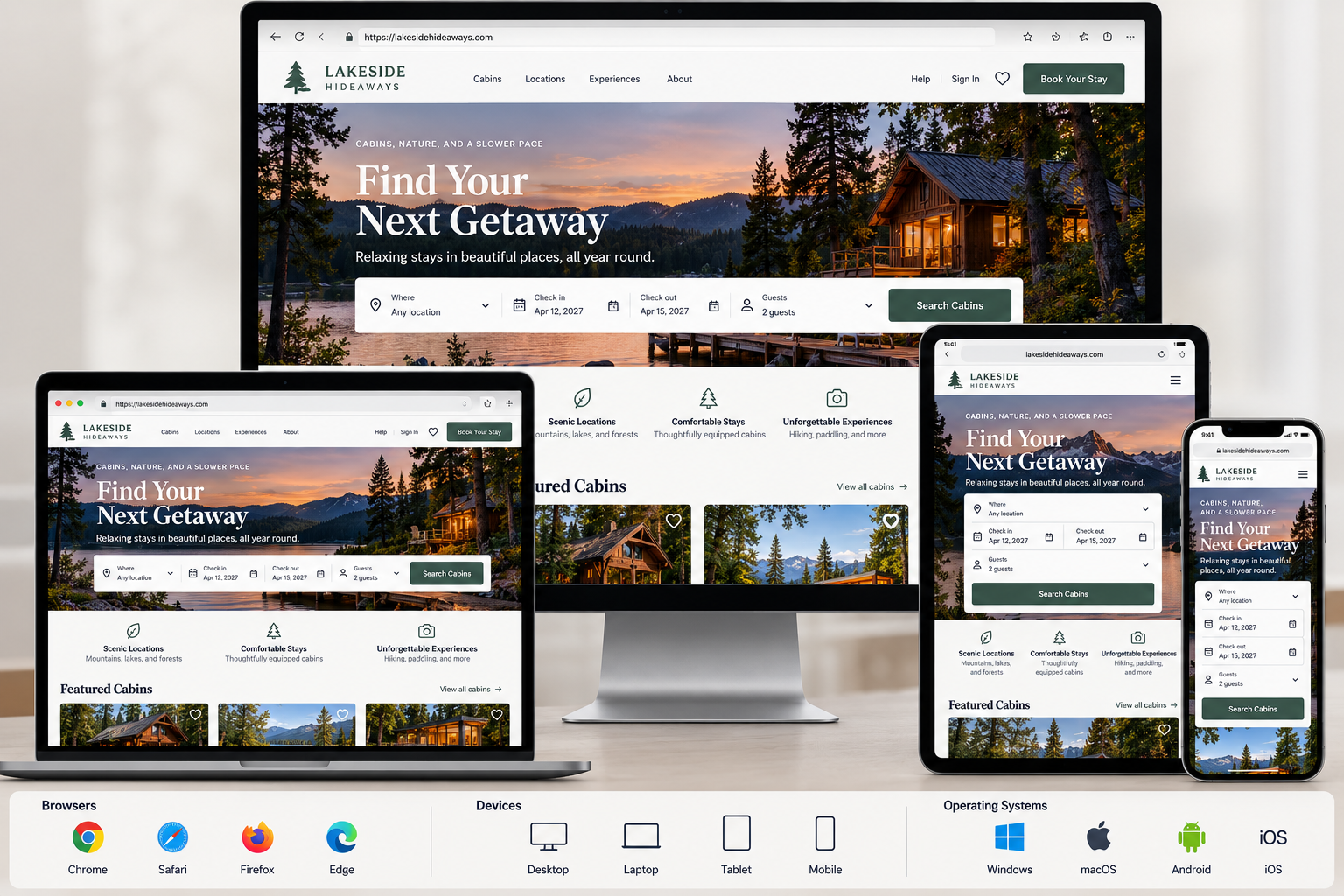 A website displayed on multiple devices showing lakeside cabin rentals, including a desktop, laptop, tablet, and smartphone, with scenic nature images and search options for booking cabins.