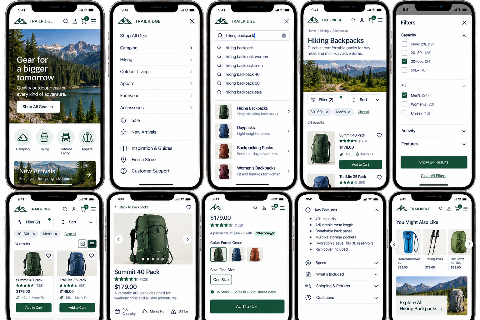 Screenshots of a mobile shopping app focused on outdoor gear, featuring categories like hiking backpacks, filters for capacity and fit, product details for the Summit 40 Pack, and related product recommendations.