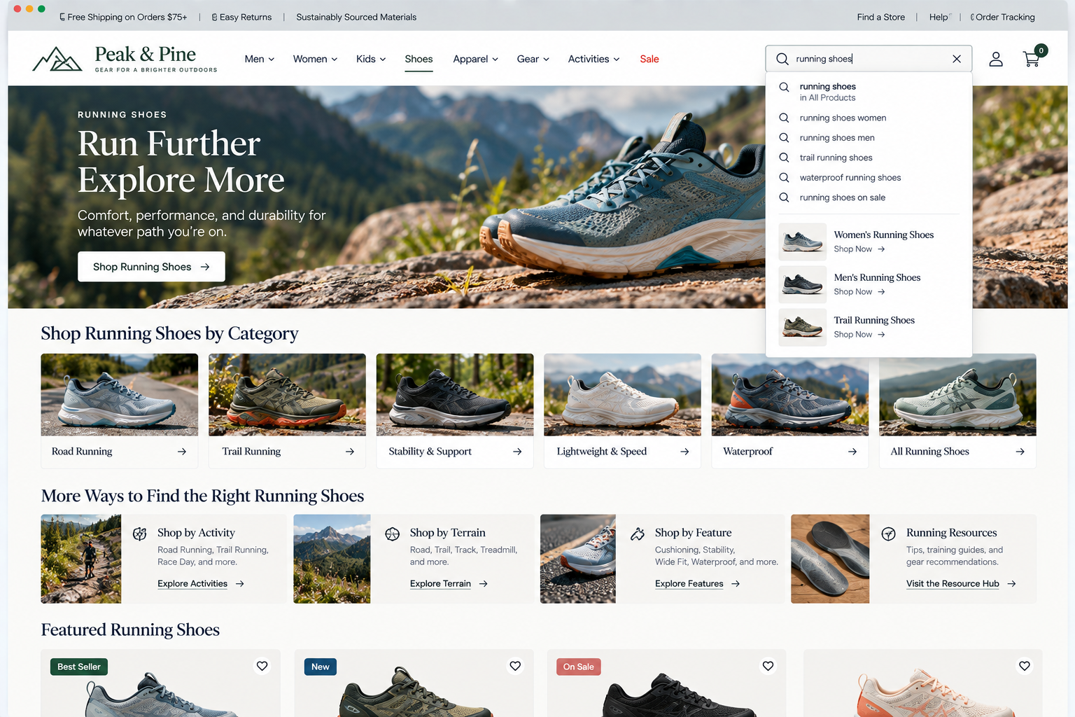 Screenshot of the Peak & Pine outdoor gear website featuring a search bar with 'running shoes' in the dropdown menu, a large promotional banner with a pair of running shoes on a rocky outdoor surface against mountain scenery, and sections displaying different categories and featured running shoes