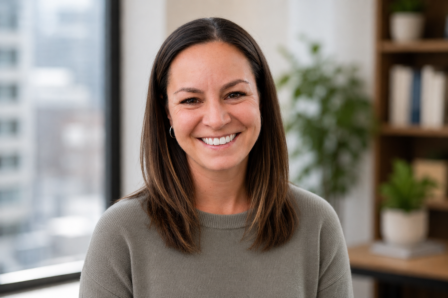 A smiling woman with shoulder-length brown hair wearing a gray sweater.