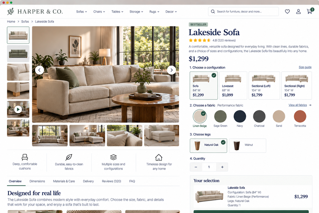 Screenshot of Harper & Co. website showcasing the Lakeside Sofa, a beige upholstered sofa with cushions, set in a bright living room with large windows, plants, and decor.