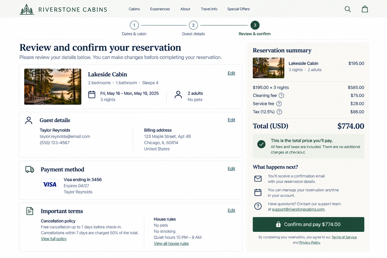 Reservation review page for Riverstone Cabins showing a Lakeside Cabin with two bedrooms, one bathroom, for four guests from May 16 to May 19, 2025. The reservation includes guest details, payment method, and total cost of $774.00.