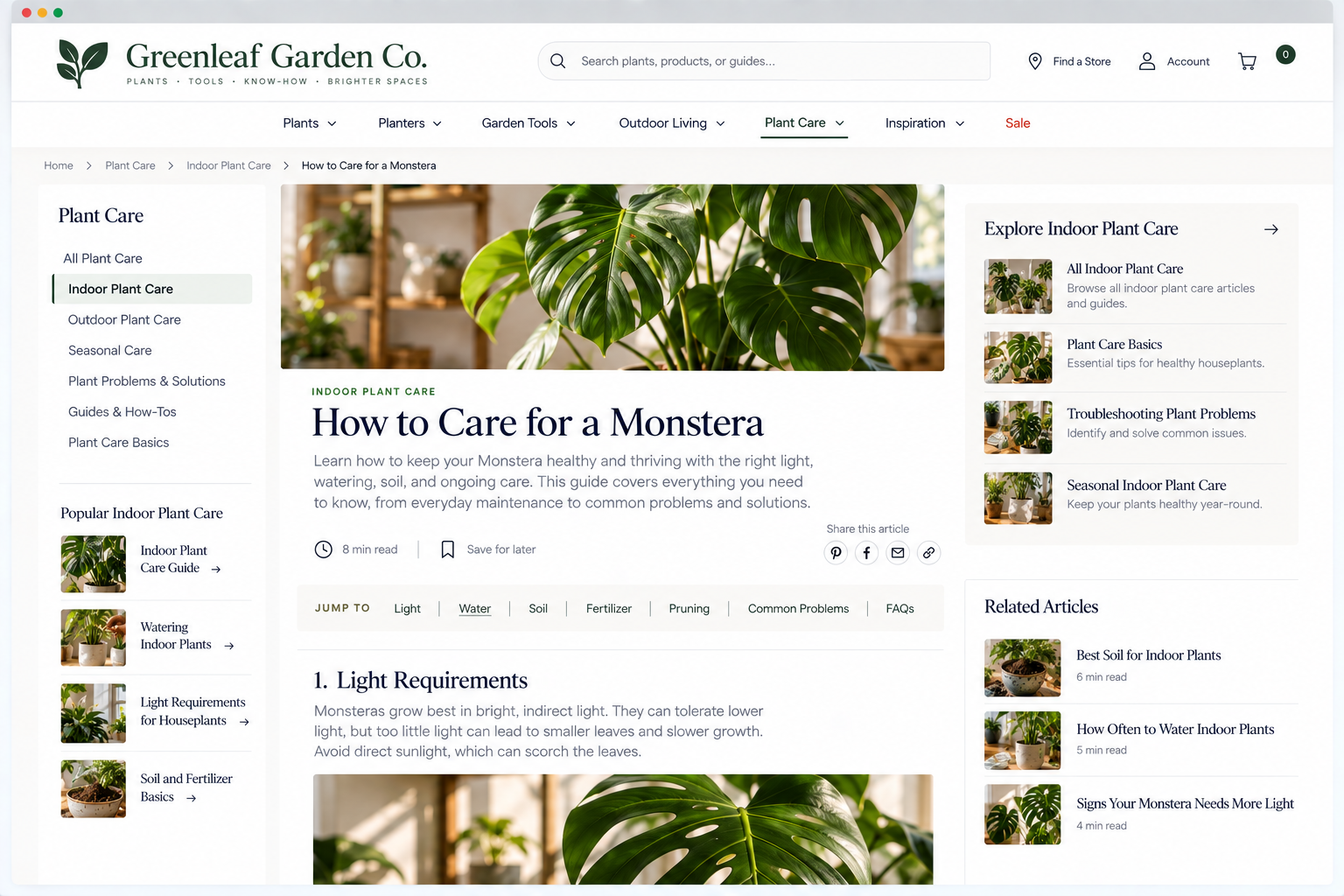 A webpage from Greenleaf Garden Co. titled "How to Care for a Monstera" showing a large Monstera plant with big, green, split leaves and a section providing care tips.