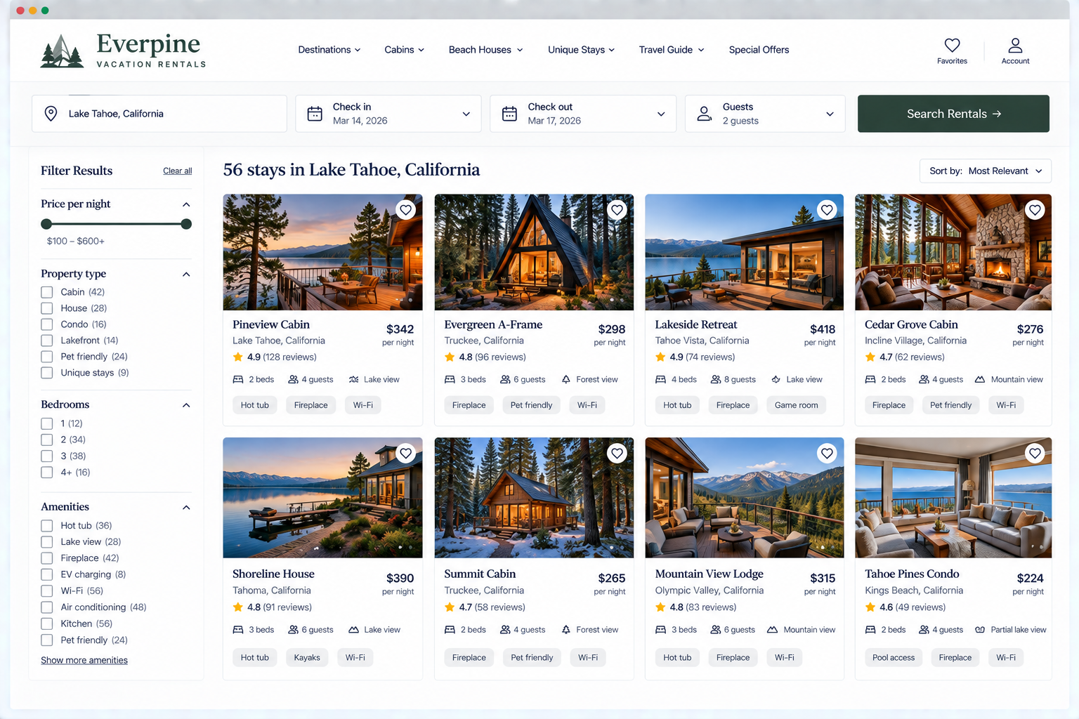 Screenshot of the Everpine Vacation Rentals website showing various cabin and lakefront accommodation options at Lake Tahoe, California, with prices, reviews, and amenities listed for each property.
