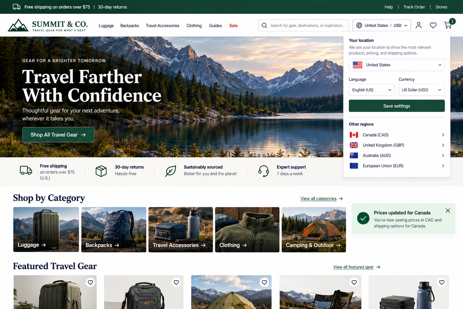 Homepage of Summit & Co. travel gear website featuring a mountain lake landscape with pine trees and snow-capped peaks, promotional text 'Travel Farther With Confidence', and navigation options for categories like luggage, backpacks, travel accessories, clothing, and camping gear.