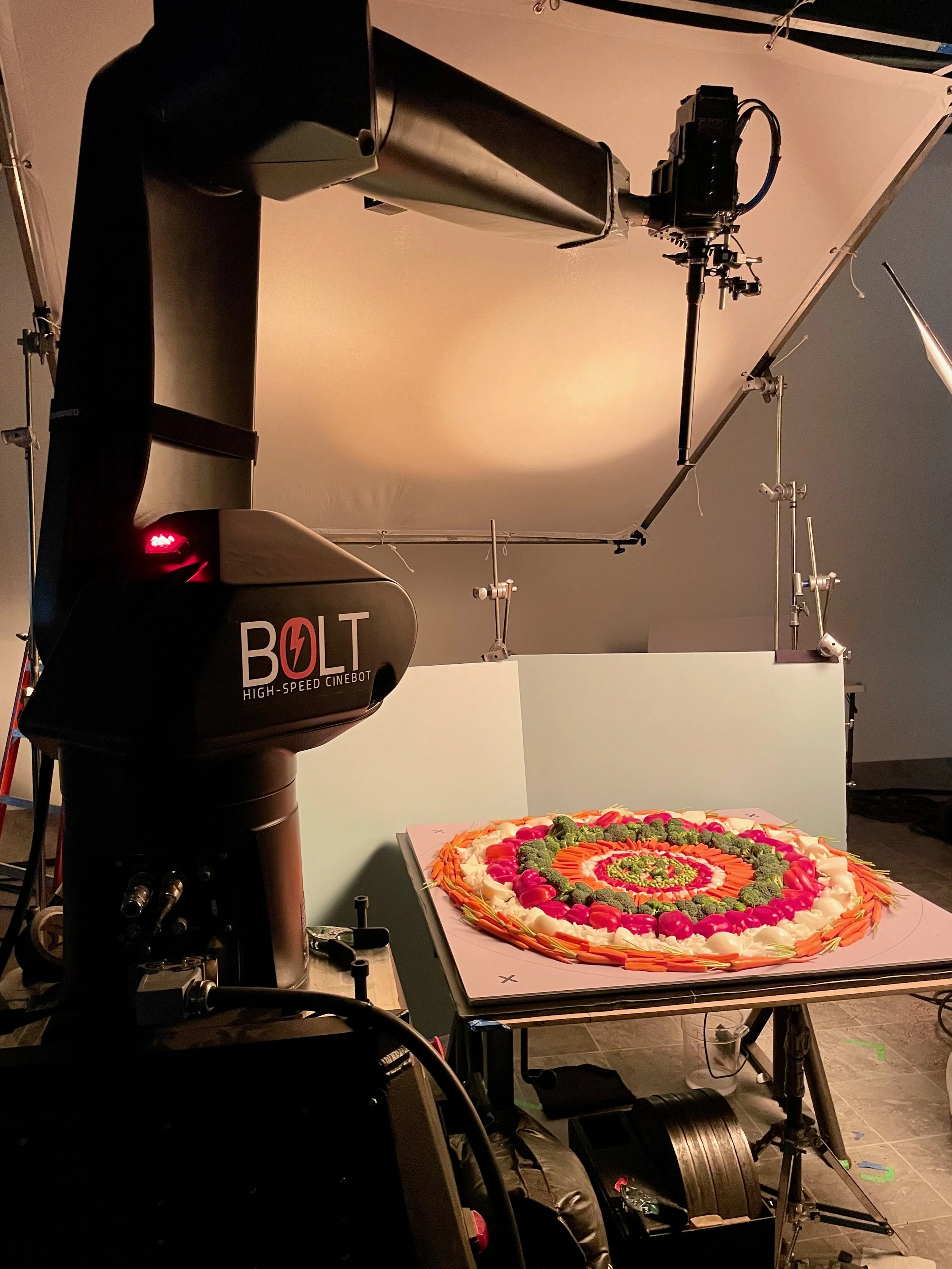 A camera setup capturing a colorful vegetable and fruit arrangement in a studio environment with lighting and background support structures.