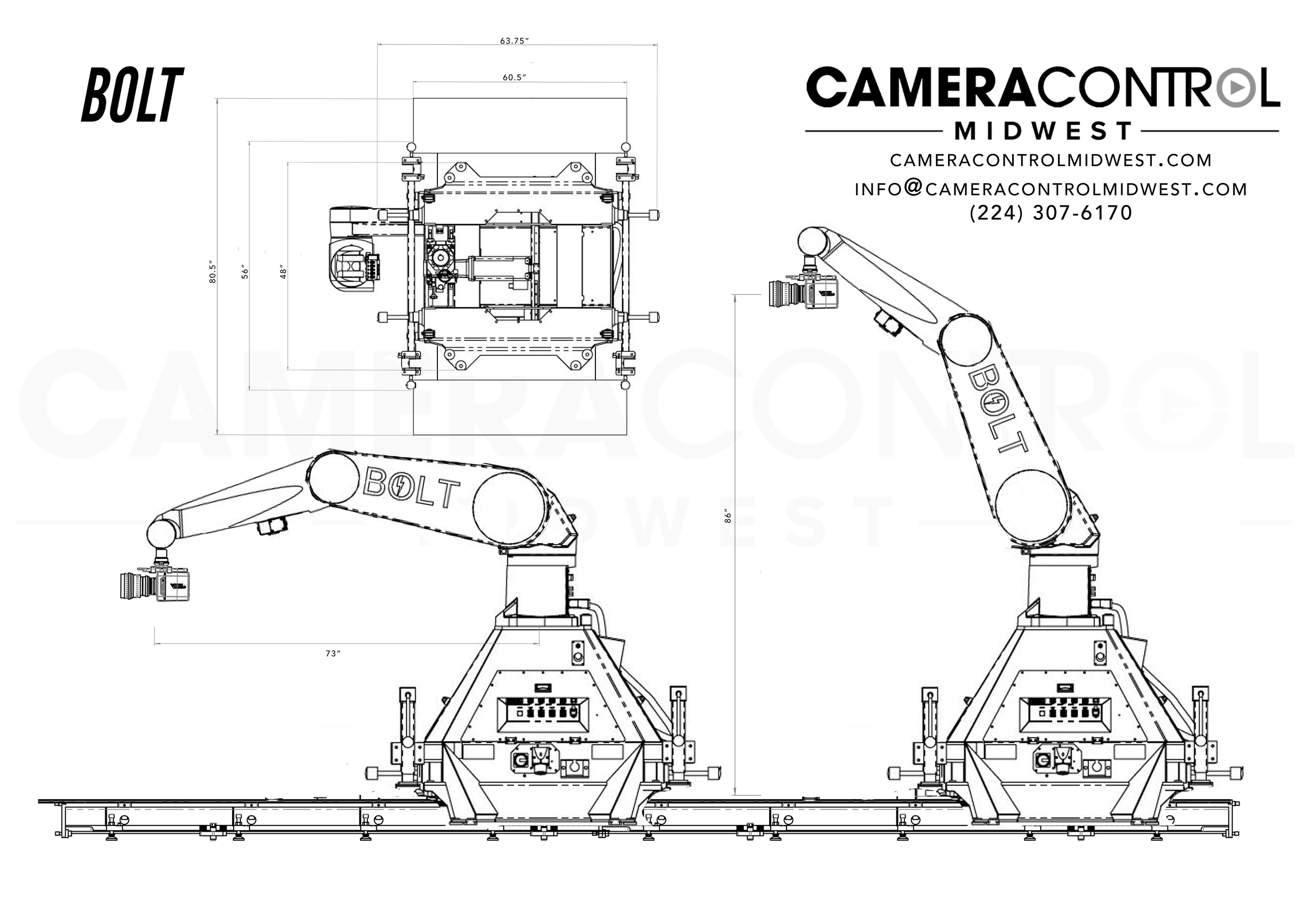 Technical blueprint of a robotic arm and motion control equipment from Camera Control Midwest.