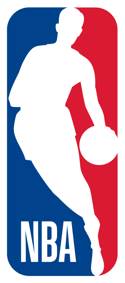 NBA logo featuring a silhouette of a basketball player dribbling with a ball, divided into blue and red background.