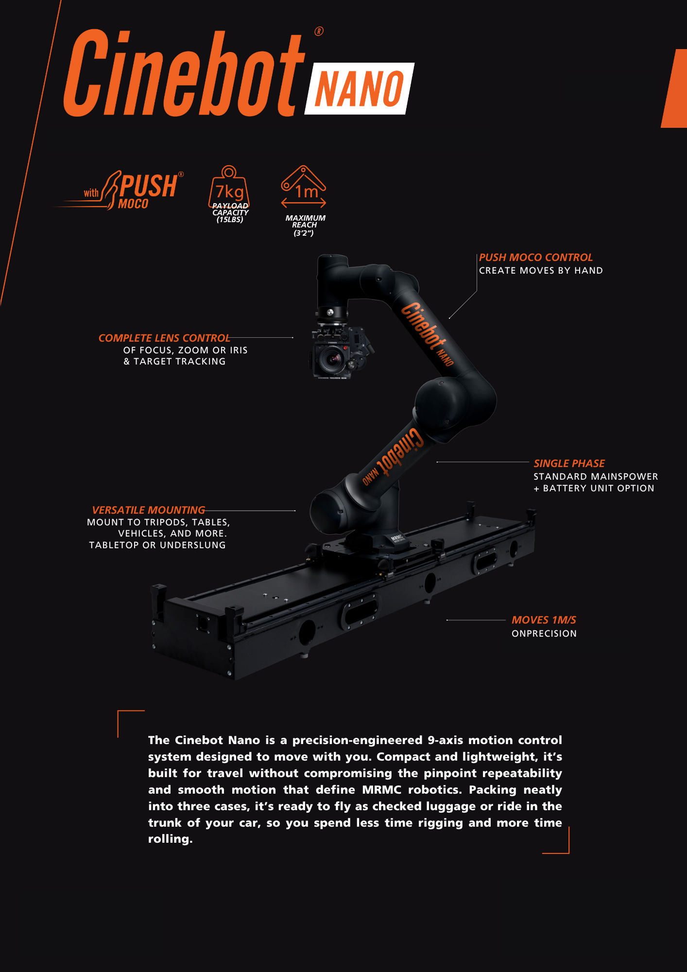 A technical product poster for Cinebot Nano robotic arm with features, specifications, and a brief description of its capabilities and uses.