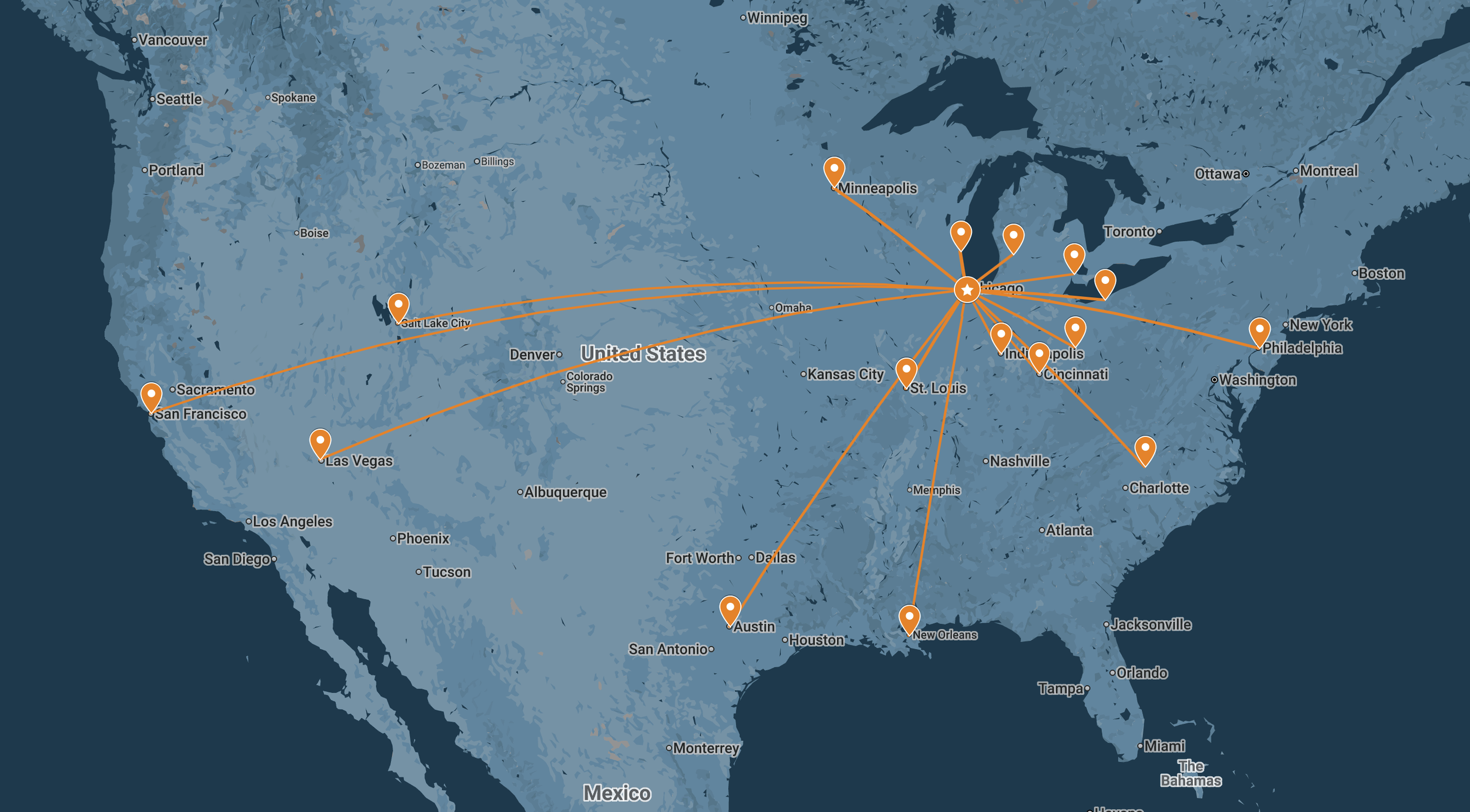 A map of the United States showing cities motion control equipment has been transported to originating from Chicago to various cities across the country, including salt lake city, san francisco, las vegas, austin, new orleans, and others.