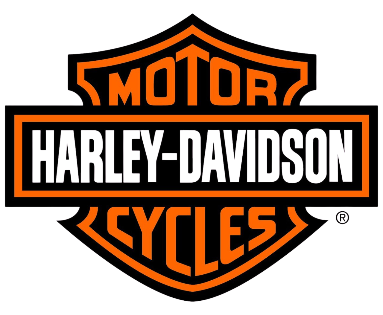 Harley-Davidson Motor Cycles logo with orange and black shield design.
