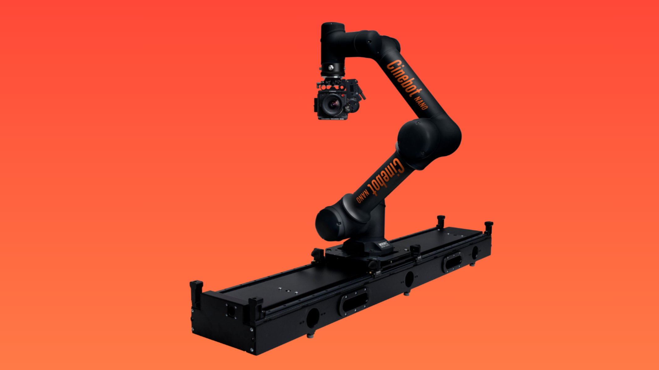 A camera mounted on a robotic arm with labeled 'Cinebot NANO' against an orange background.