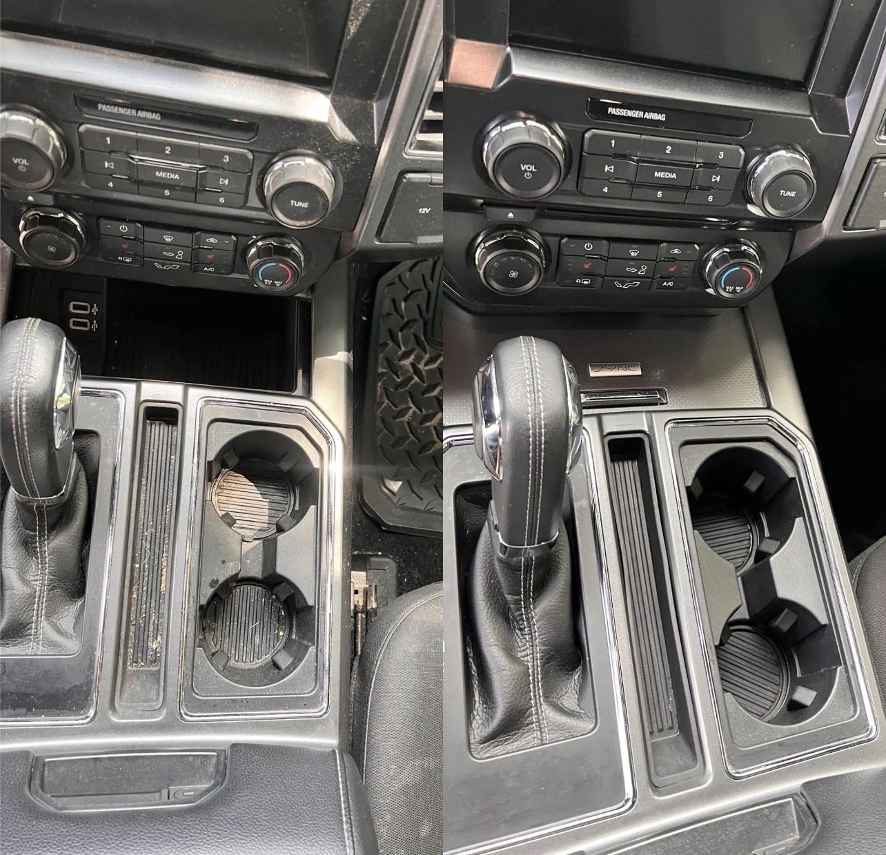 Comparison of two vehicle center consoles, showing differences in cup holders and gear shifter area, with dashboard controls above.