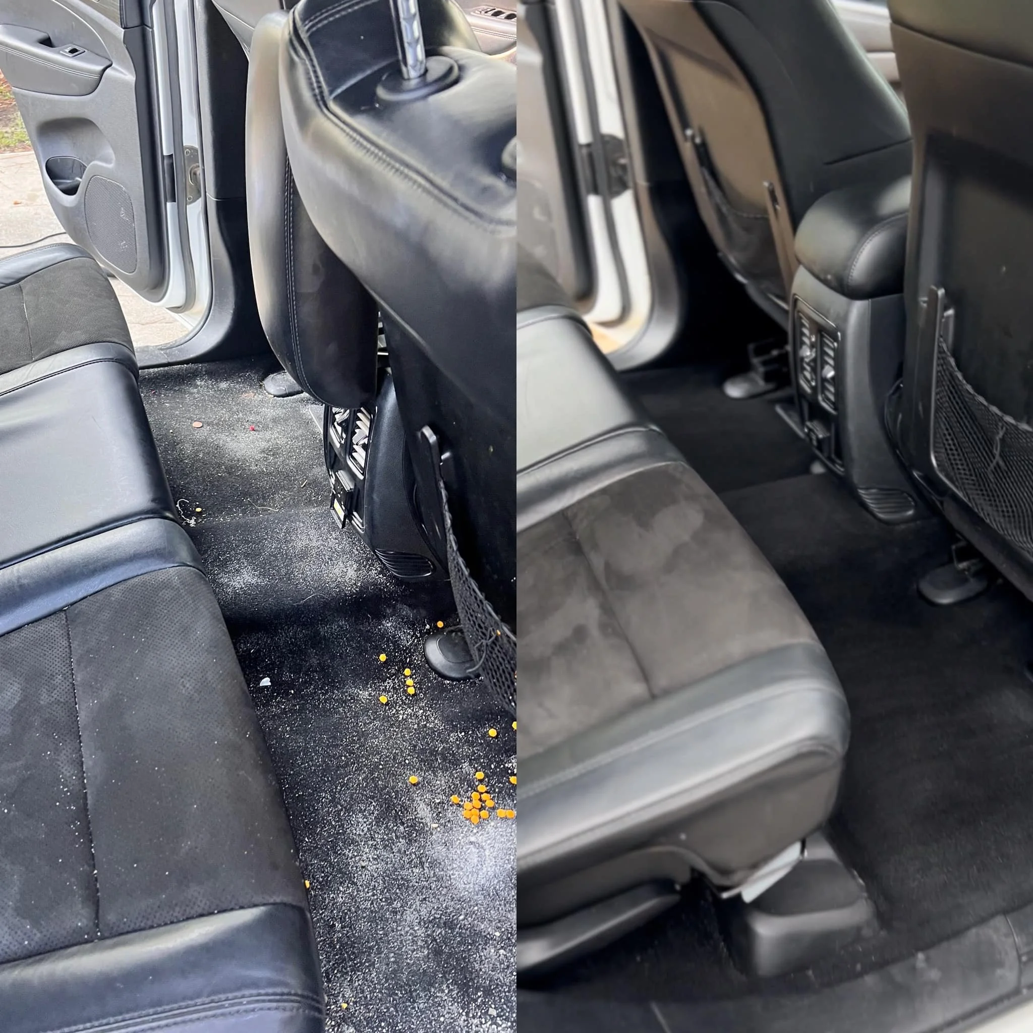 Inside a vehicle showing the back seat area with scattered yellow pills on the floor and seats, with some debris and dirt visible.