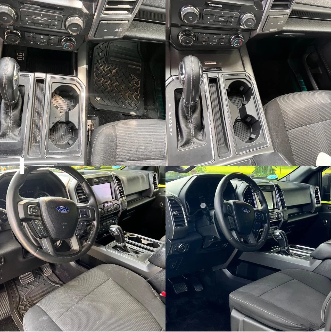 Comparison of interior views of two Ford vehicles, showing dashboard, steering wheel, gear shifter, and seats from different angles.