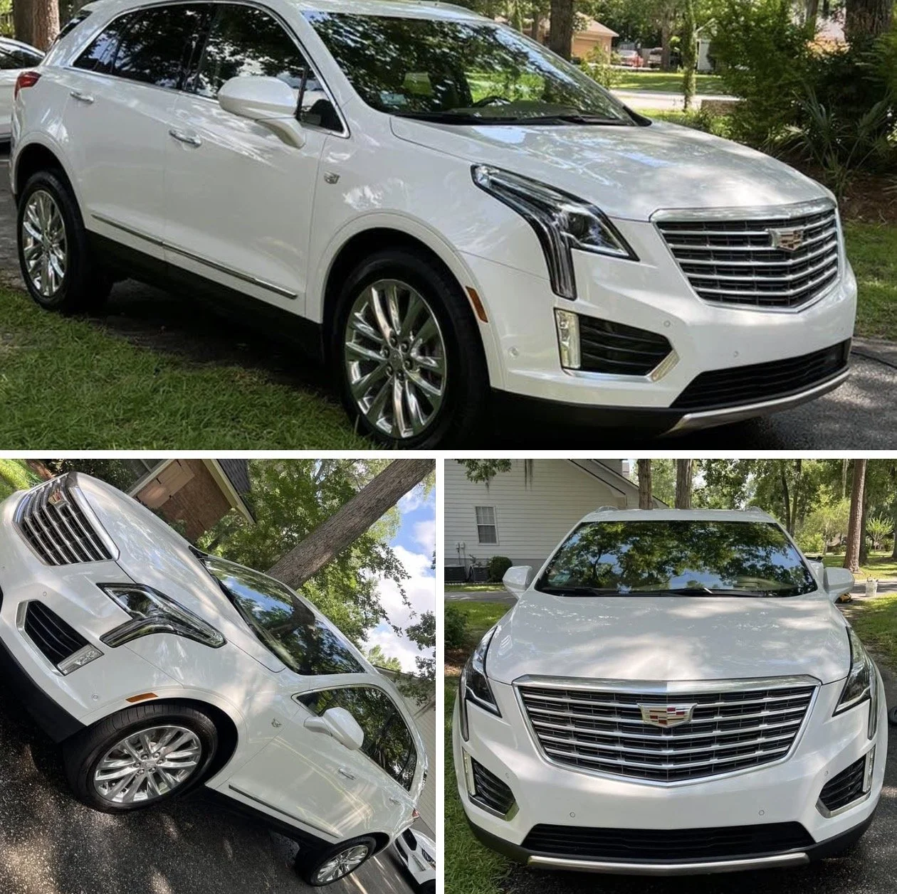 A white Cadillac SUV parked on a grass lawn in a neighborhood, with trees and houses in the background, shown from three different angles.