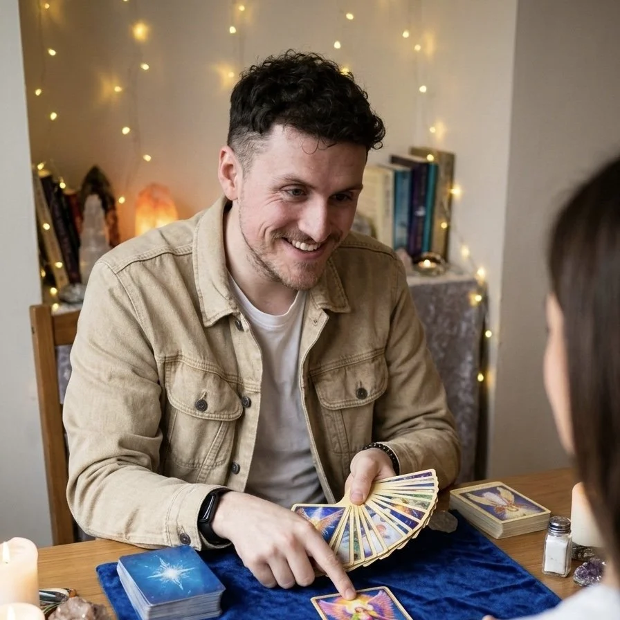 A man with dark hair and a beard smiling while holding oracle cards, pointing at a specific card during a tarot card reading with a woman, in a cozy room decorated with string lights and candles.