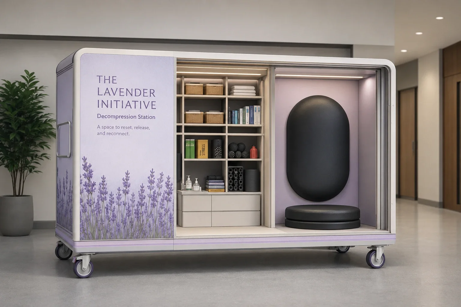 Mobile lavender therapy and relaxation station with shelves of supplies and a padded seating area.