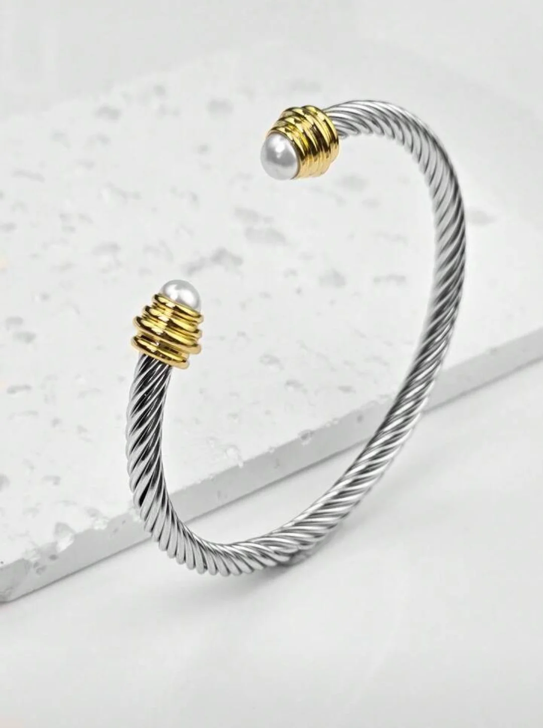 Elegant Twisted Cable Cuff Bracelet with Pearl and Gold Accents