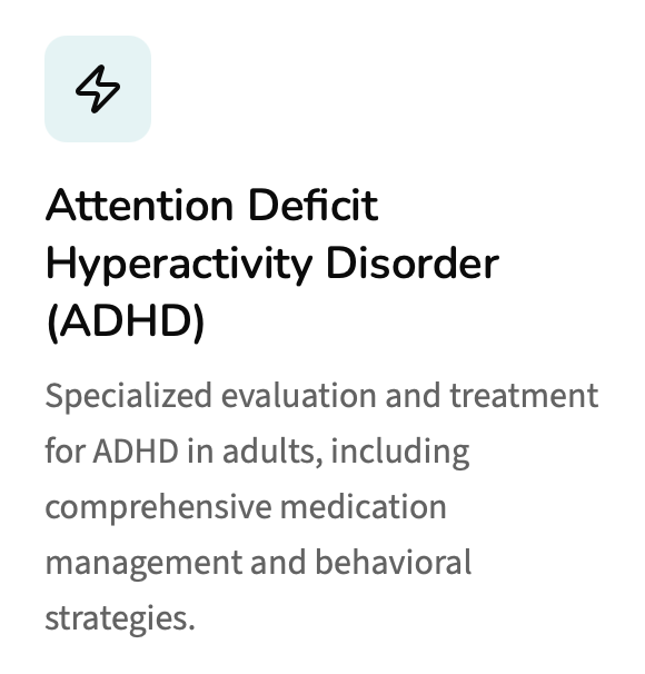 Evaluation and treatment for attention difficulties, focus challenges, impulsivity, and executive functioning concerns.